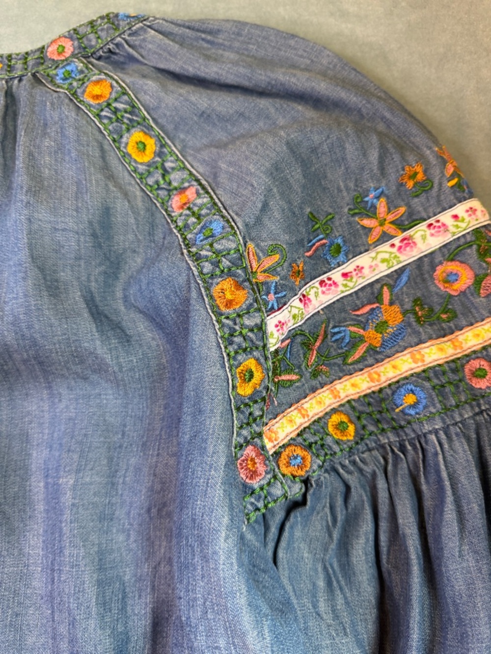 Embroidered Denim Peasant Blouse by Chelsea & Theodore - Picture 6 of 8